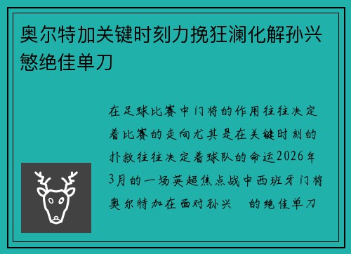 奥尔特加关键时刻力挽狂澜化解孙兴慜绝佳单刀