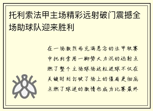 托利索法甲主场精彩远射破门震撼全场助球队迎来胜利