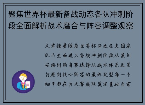 聚焦世界杯最新备战动态各队冲刺阶段全面解析战术磨合与阵容调整观察